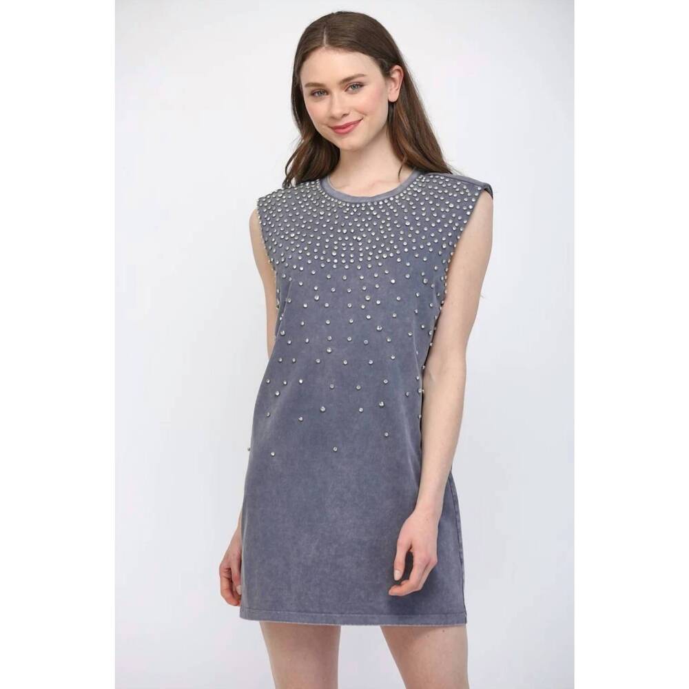 NEW FATE studs embellished washed tunic dress in denim blue